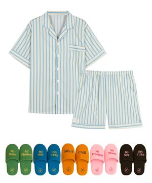 [패키지 특가] [2SET] 실크핏 퓨어 반팔 반바지 잠옷 세트 + 와플 룸슈즈