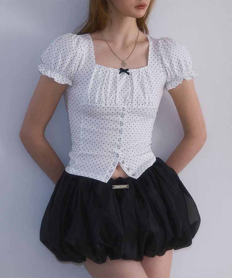 スクエアネックライン【ROSE FRANTZ】Dot Puff shirring T-shirt MUSINSA公式 | ROSÉ FRANTZ Dot Puff shirring T-shirt [White]