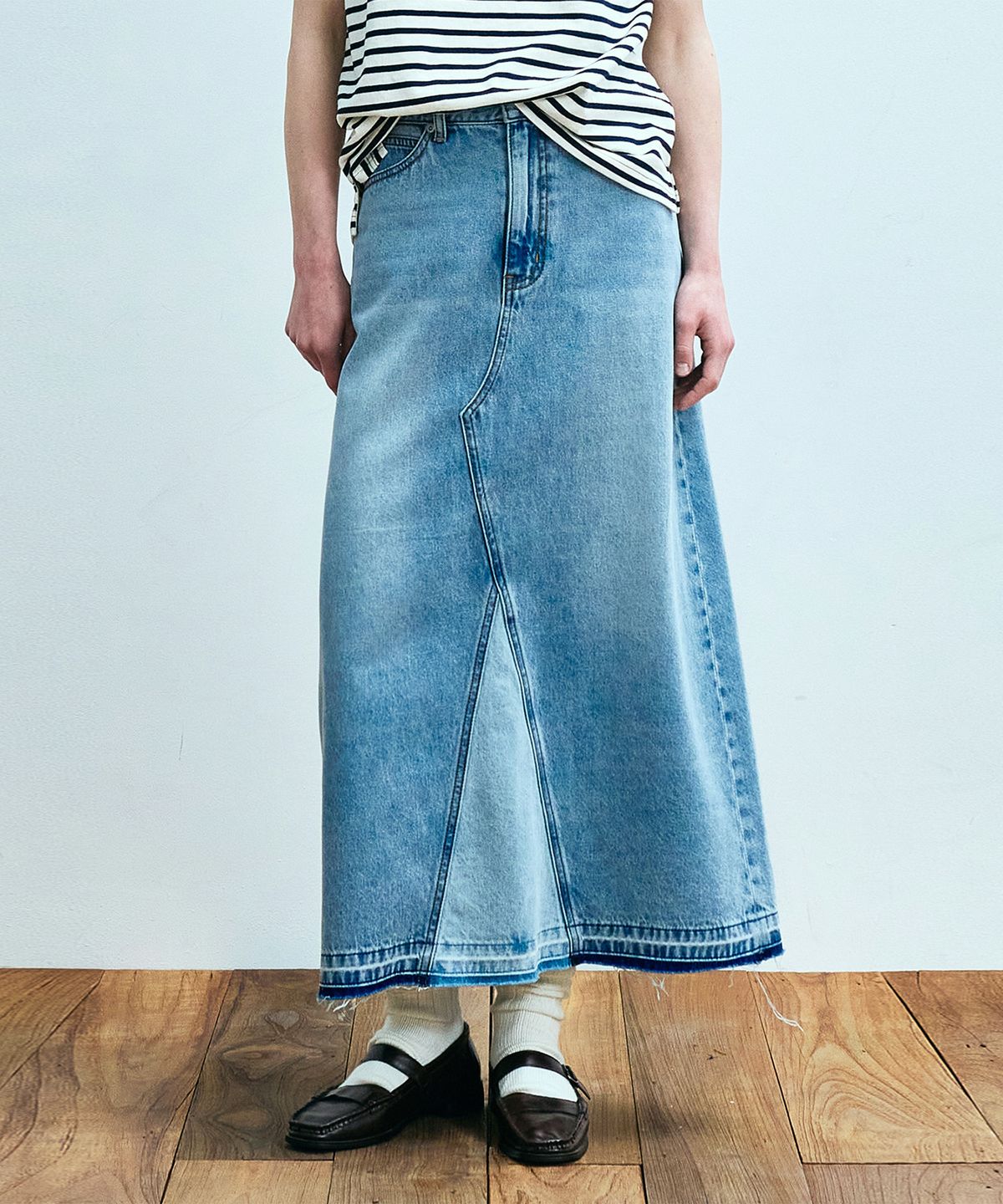 유니폼브릿지(UNIFORM BRIDGE) denim maxi skirt(womens) light indigo