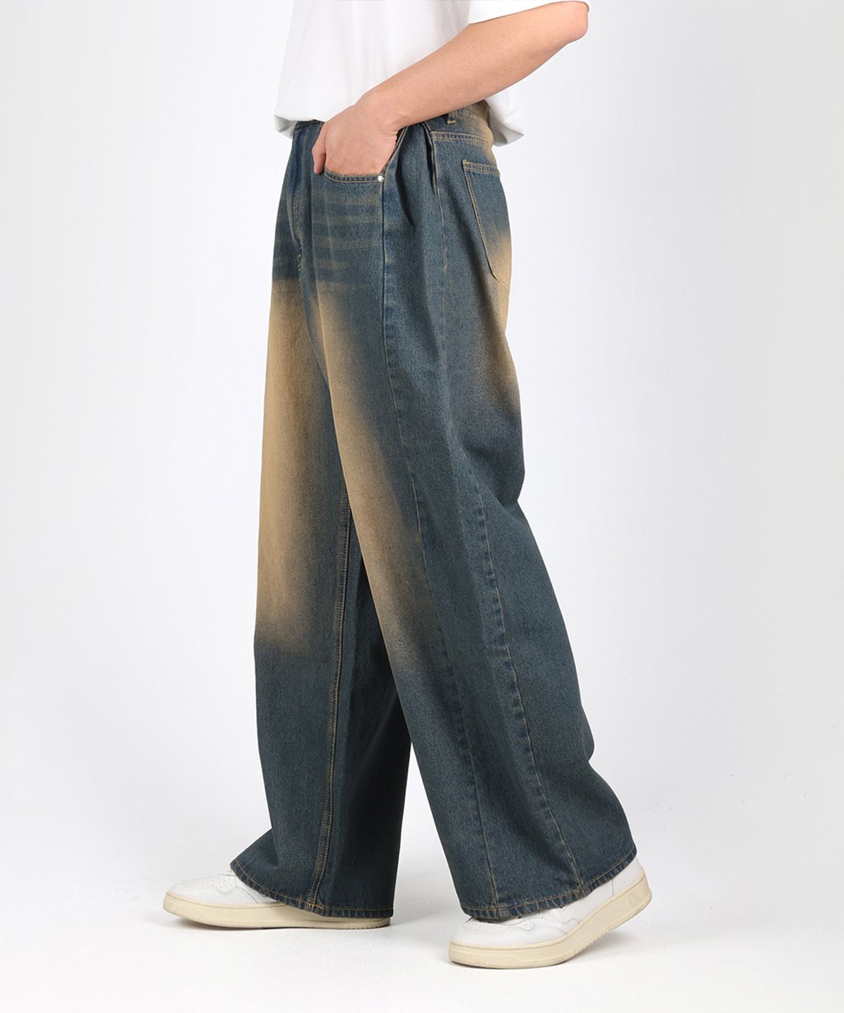 포더핏(FOR THE FIT) 절개 옆핀턱 빈티지 워싱 와이드 데님 팬츠_옐로우 틴