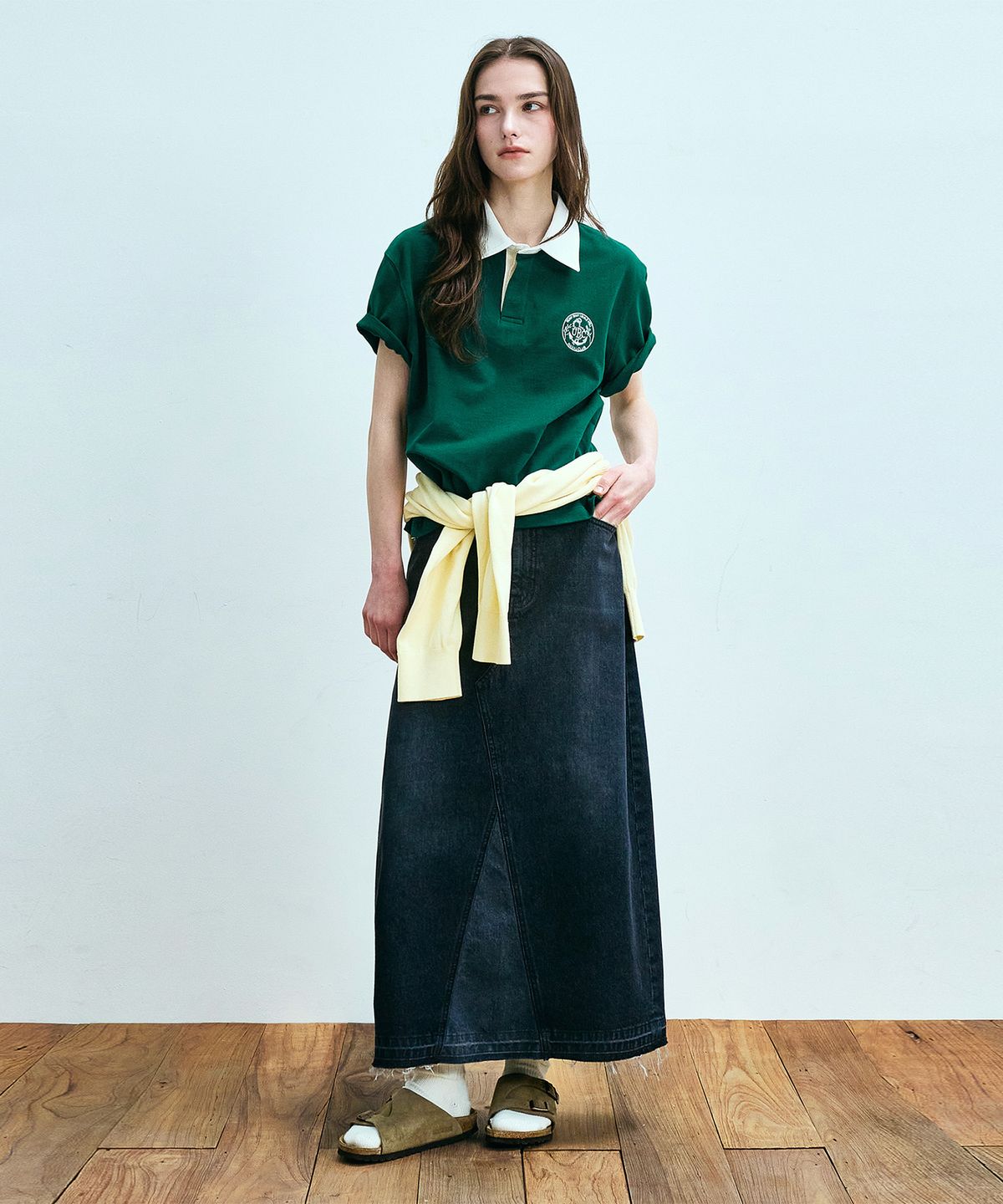 유니폼브릿지(UNIFORM BRIDGE) denim maxi skirt(womens) black washed