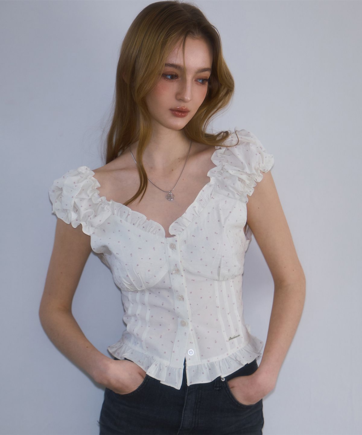 로제프란츠(ROSEFRANTZ) Frill Shirring Sleeveless [Flower]