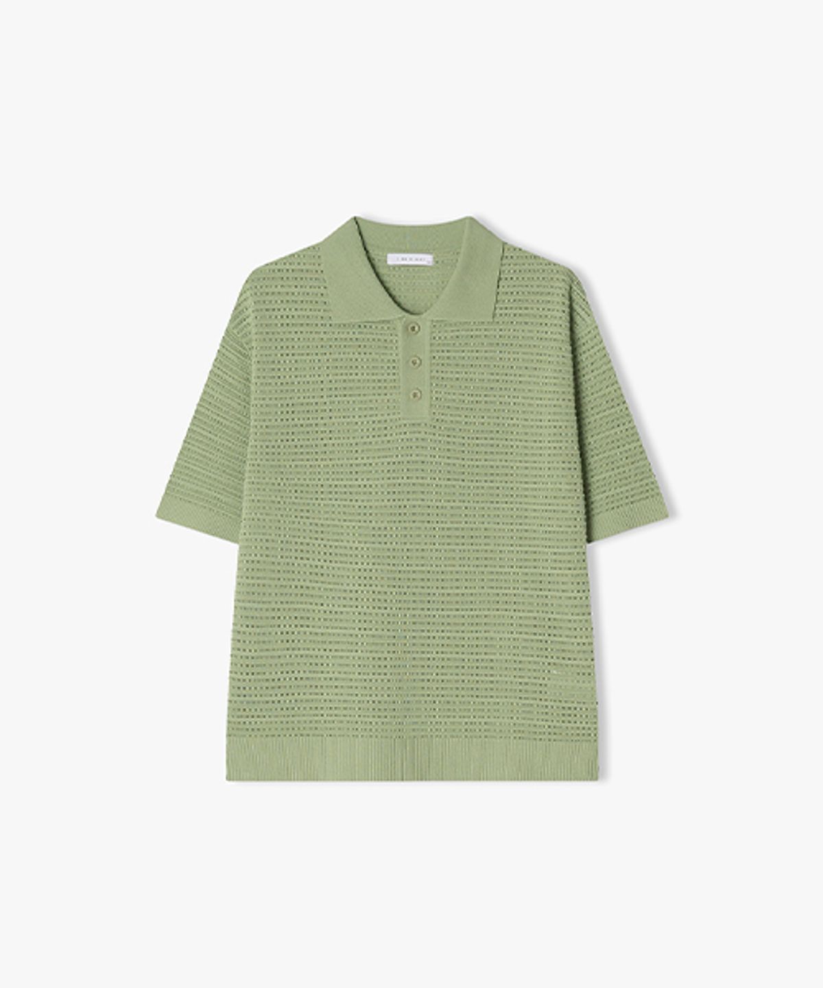 리버클래시(LIBERCLASSY) [25SS] LLM51588 라임그린 솔리드 메쉬 칼라 하프 니트 탑