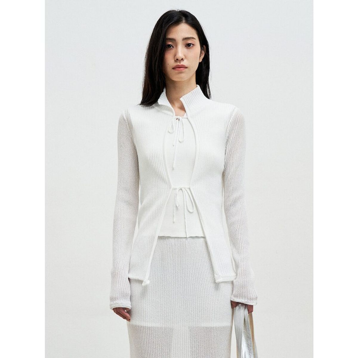 앙개(ANGGAE) Textured Knit Tie Cardigan  White