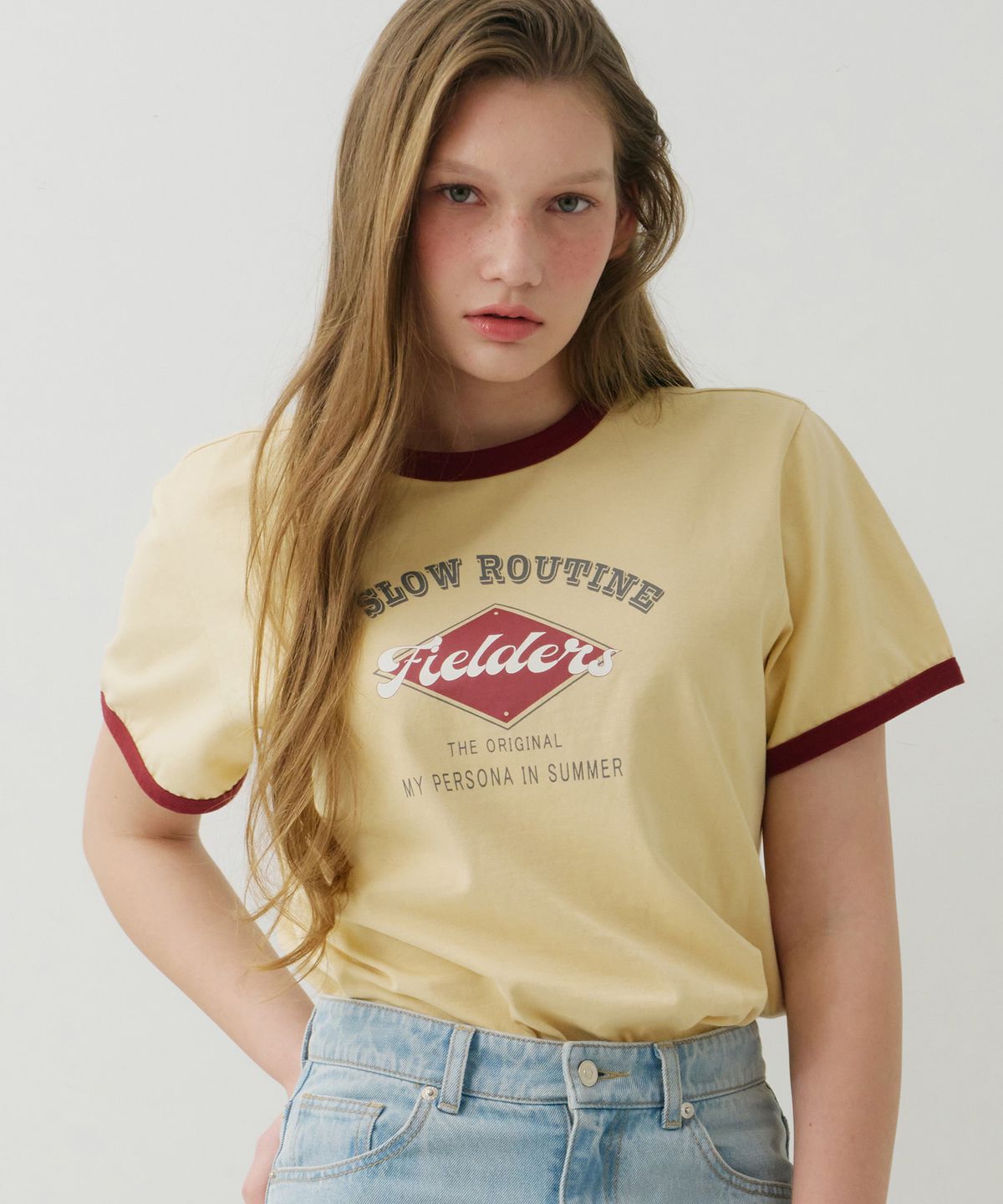 필더스(FIELDERS) GRAPHIC CROPPED RINGER T-SHIRT YELLOW/RED