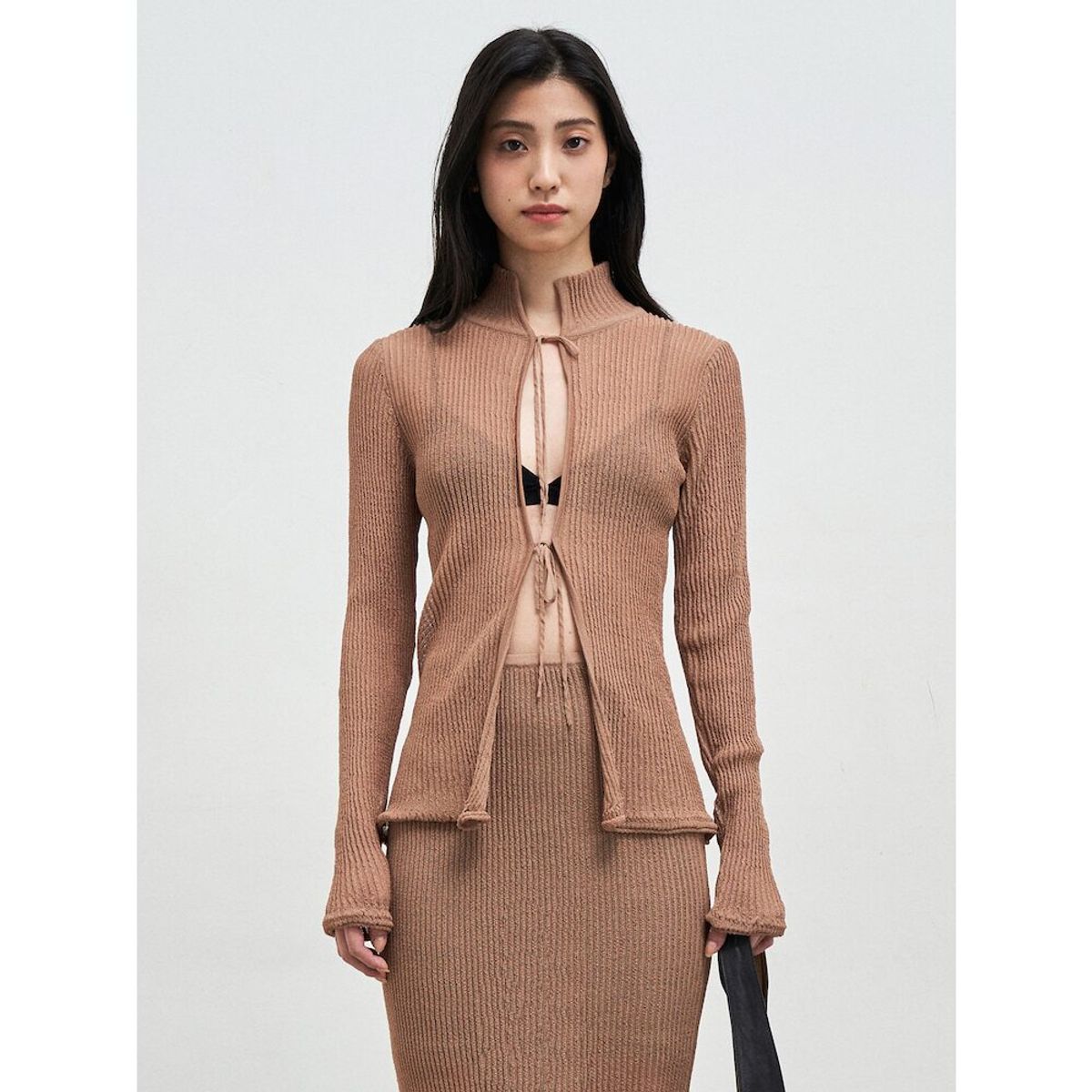 앙개(ANGGAE) Textured Knit Tie Cardigan  Brown