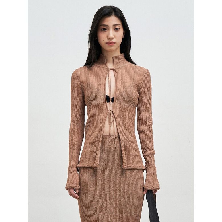 Textured Knit Tie Cardigan  Brown