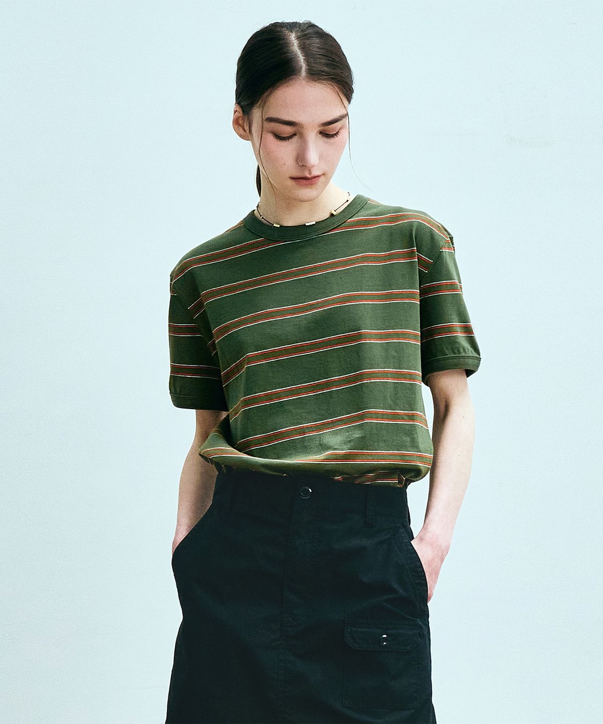 유니폼브릿지(UNIFORM BRIDGE) vintage stripe s/s tee(womens) olive