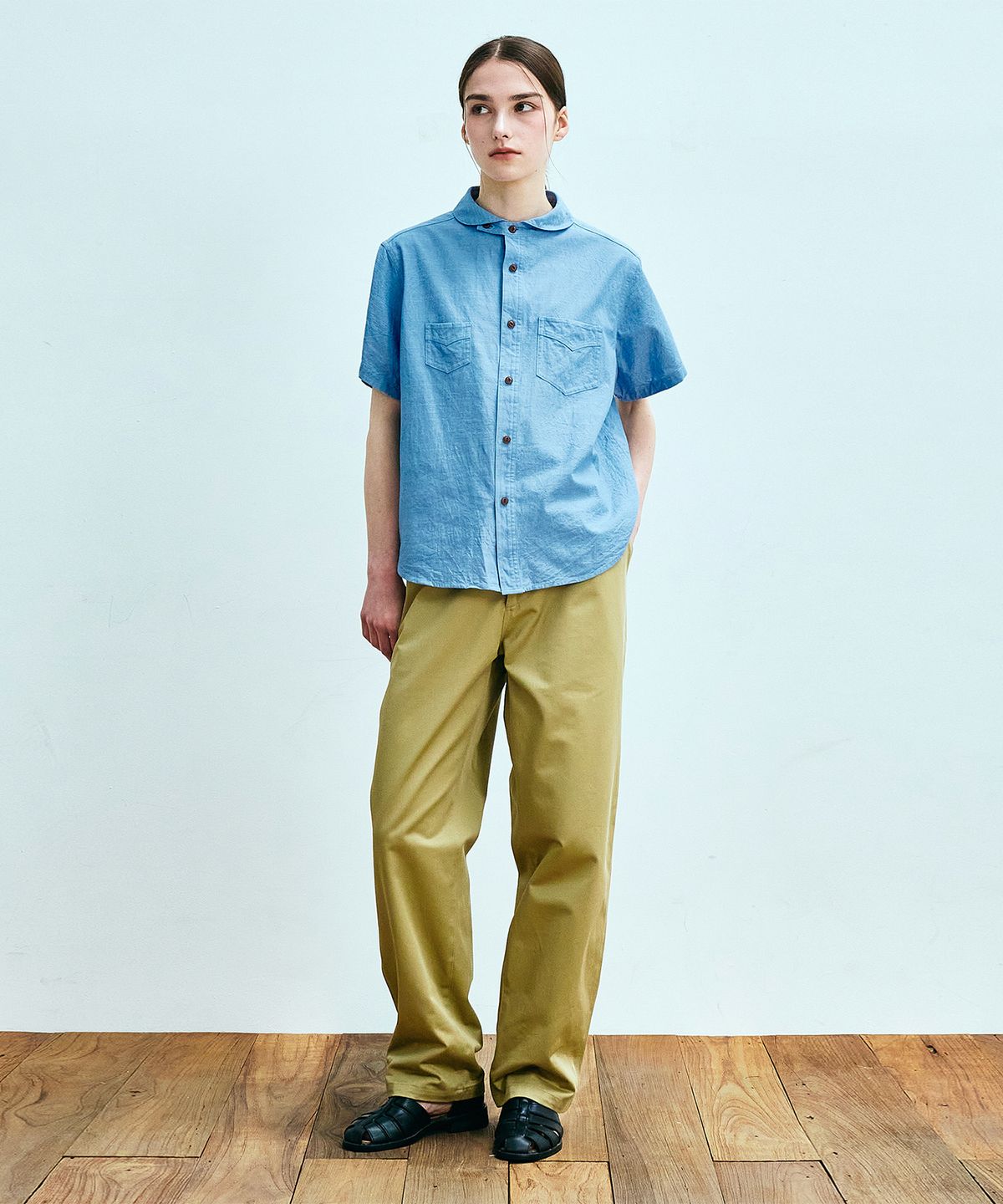 유니폼브릿지(UNIFORM BRIDGE) round collar chambray s/s shirt(womens) light blue