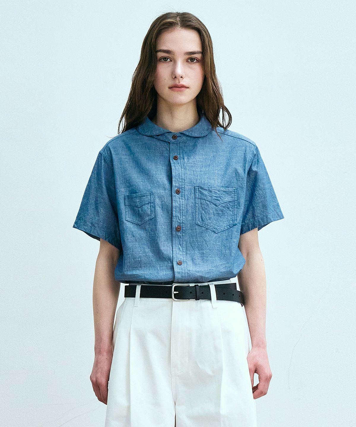 유니폼브릿지(UNIFORM BRIDGE) round collar chambray s/s shirt(womens) navy