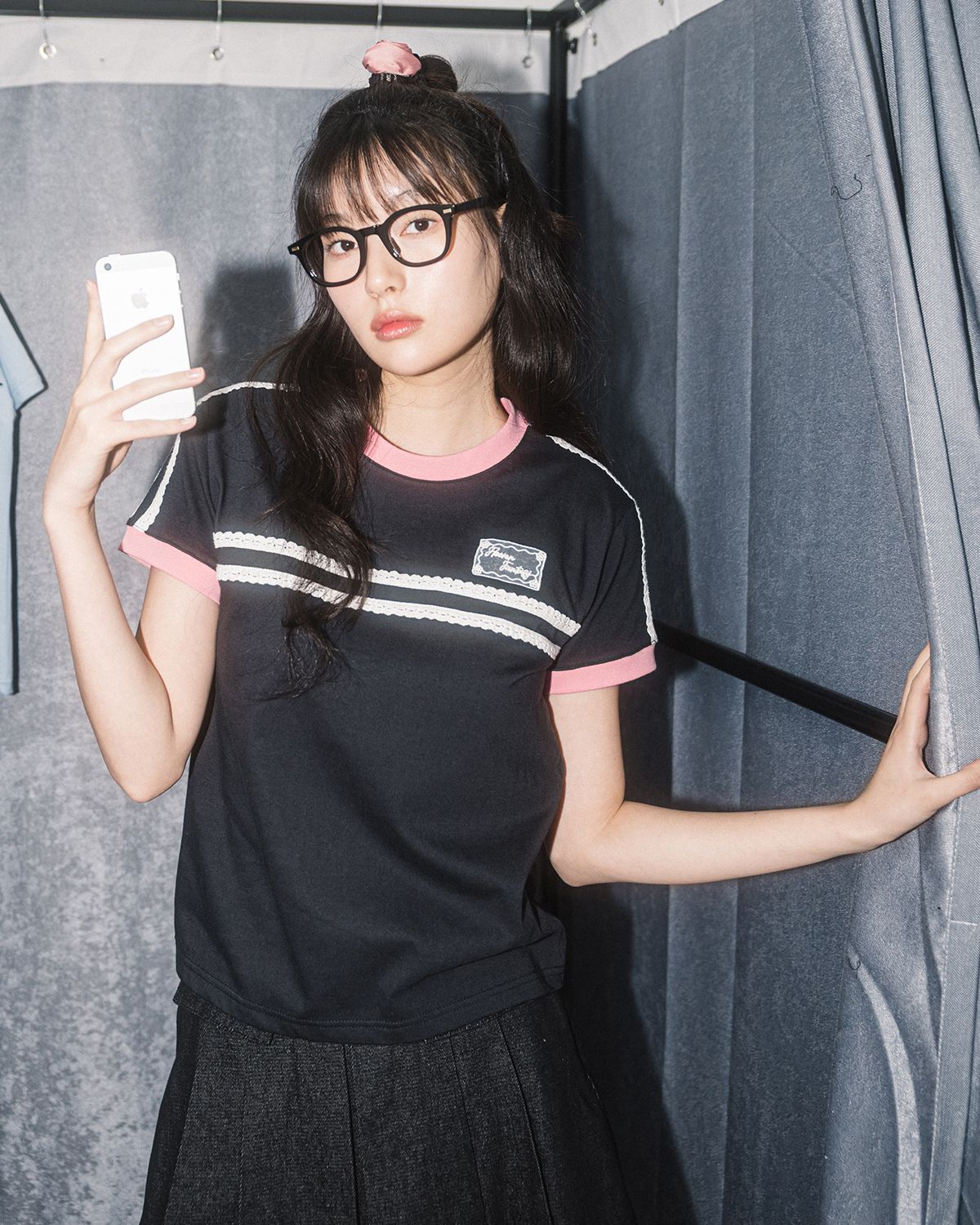해비즘(HAVISM) DOUBLE LACE S/S TEE(BLACK CHARCOAL)