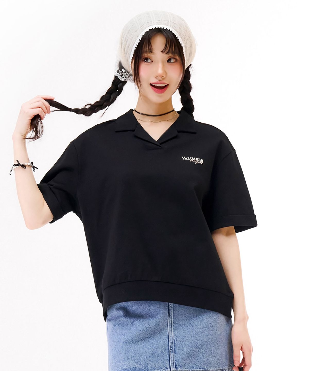 체이스컬트(CHASECULT) 여성 오픈 카라 반팔 티셔츠-블랙