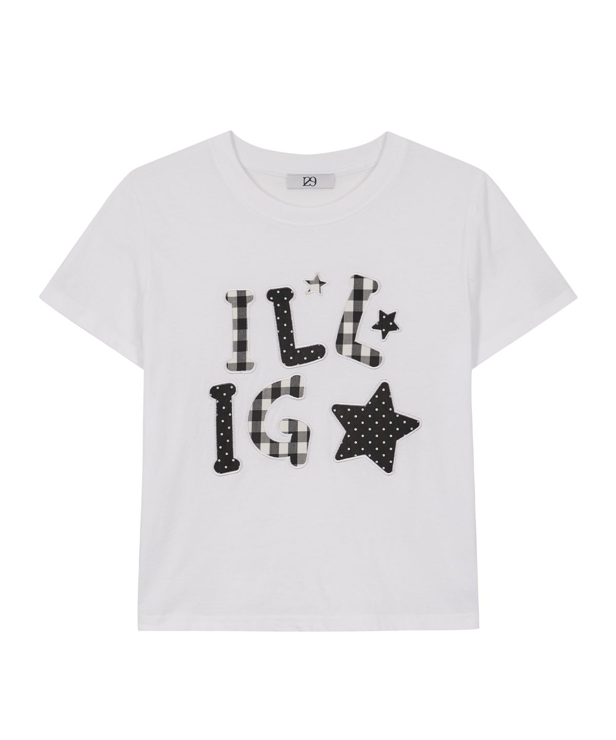 일리고(ILLIGO) 체크 아플리케 루즈 크롭 티셔츠 화이트