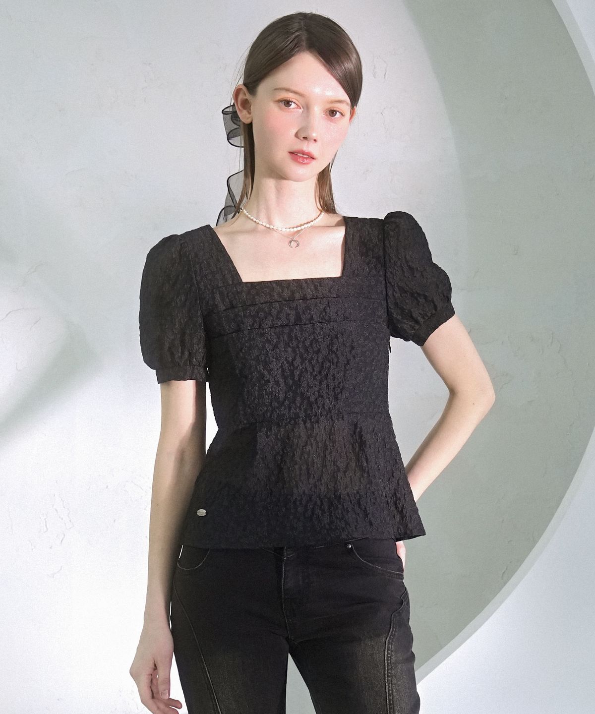 비바셔스(VIVACIOUS) Snow Oganza Smoking Blouse BLACK