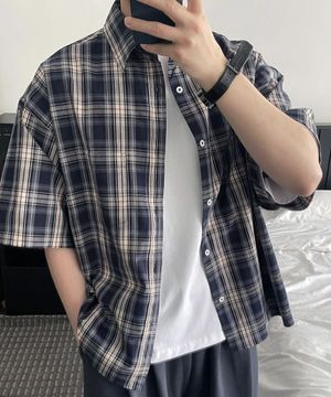 빈티지 워싱 네이비 체크 반팔셔츠