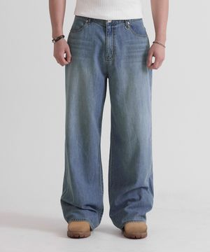 트루 와이드 스톤 워시드 데님 미드블루