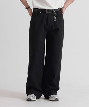 리브드 워시드 코튼 와이드 팬츠 블랙