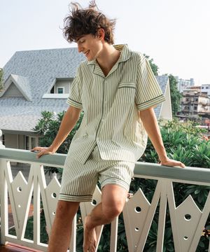 (m)스탠다드 빈 스트라이프 파자마 반소매세트 그린레몬