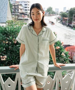(w)스탠다드 빈 스트라이프 파자마 반소매세트 그린레몬