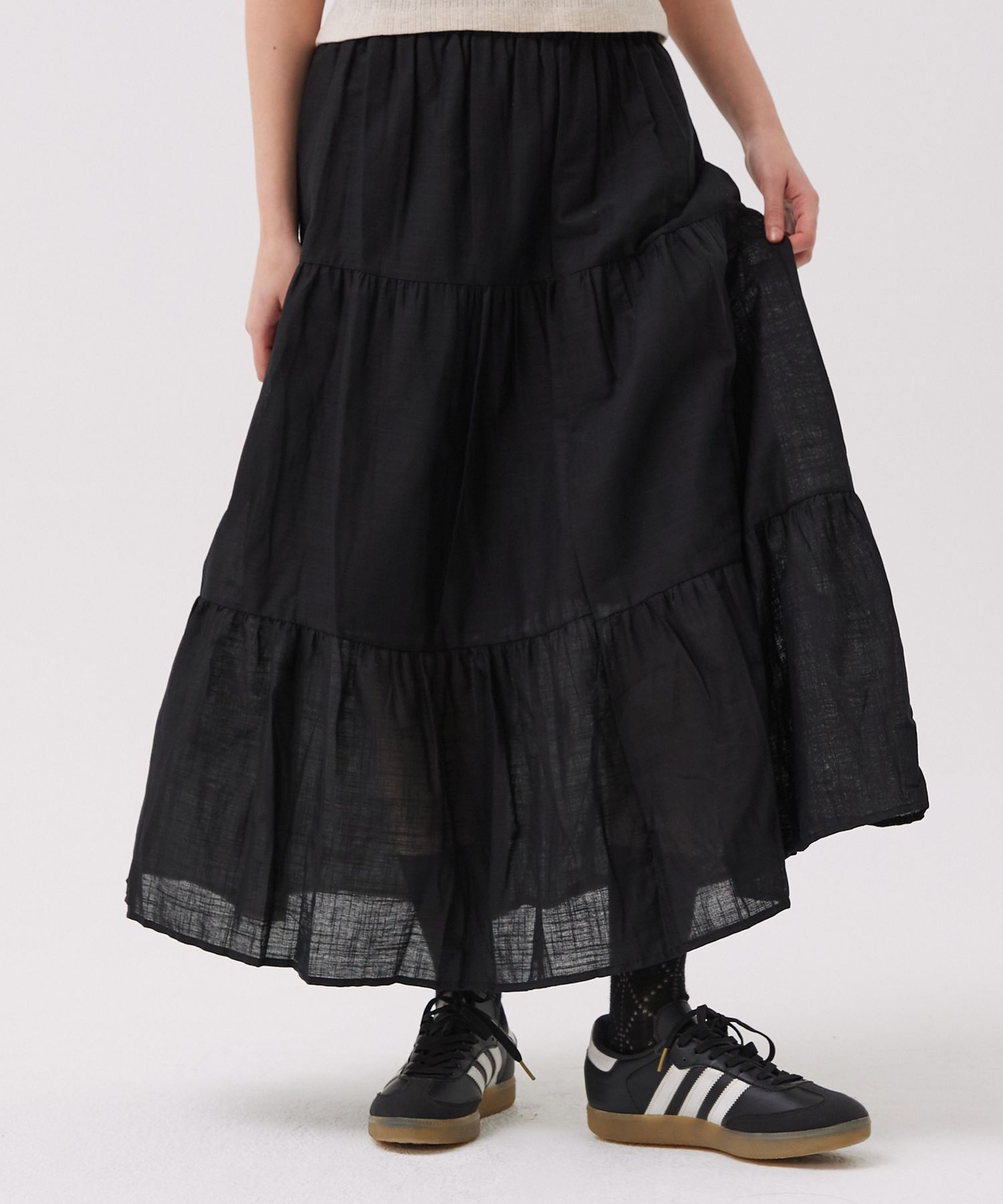スカート Cancan Frill Flare Ribbon Shirring Long Cotton Skirt Black MUSINSA | PLACE STUDIO Cancan Frill Flare Ribbon Shirring