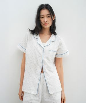 (w)스탠다드 거즈 미니 도트 파자마 반소매세트 화이트블루