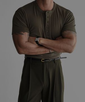 패턴 머슬 헨리넥 반팔 니트티 [카키]