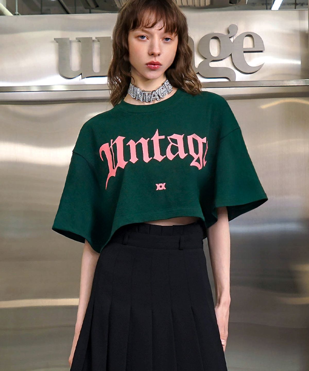 언티지(UNTAGE) 로고 프린트 케이프 크롭 반팔 티셔츠[Green(WOMAN)]_UTT-ST38