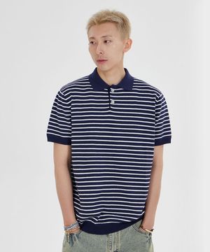 스트라이프 니트 카라 반팔 티셔츠_네이비
