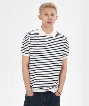 스트라이프 니트 카라 반팔 티셔츠_화이트