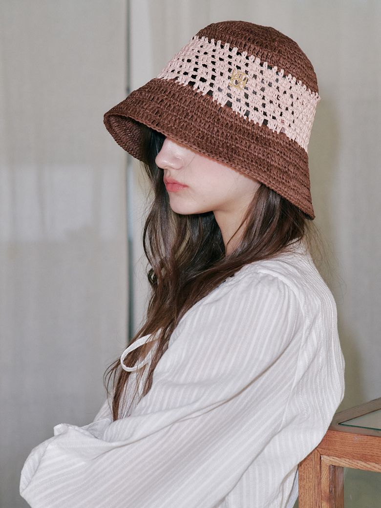 컬러 블록 페이퍼 크로셰햇 (브라운 & 핑크)