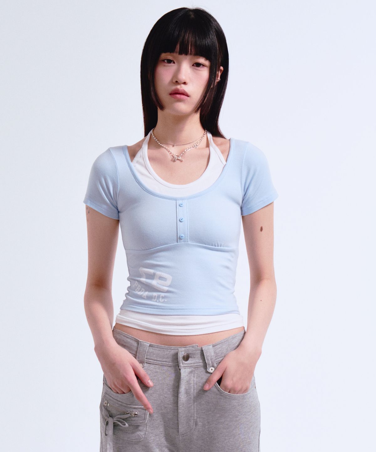 프렌다(PRENDA) SHIRRING HALTERNECK LAYERED TEE SKY BLUE