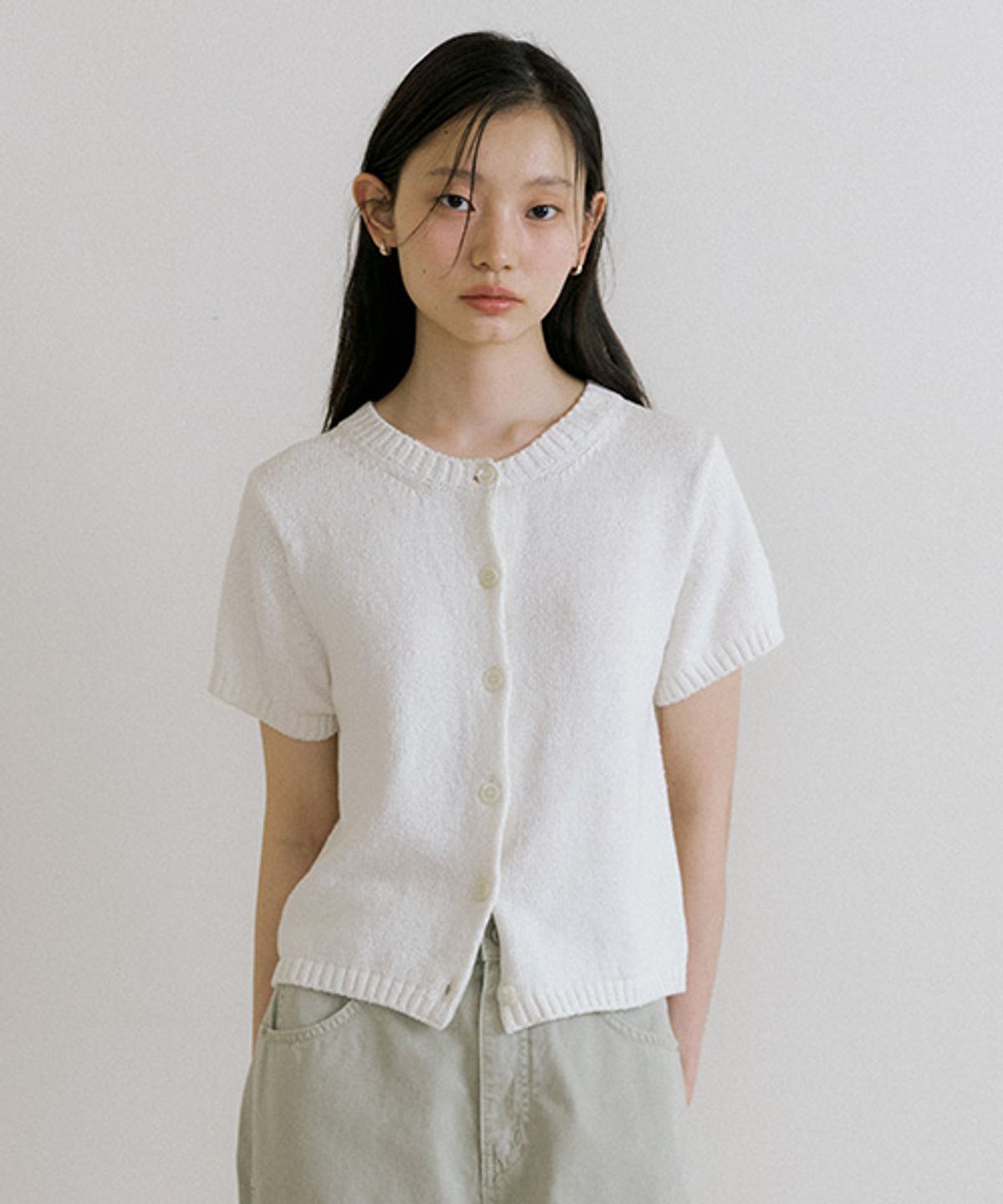 링서울(LINGSEOUL) crew neck half knit cardigan-ivory