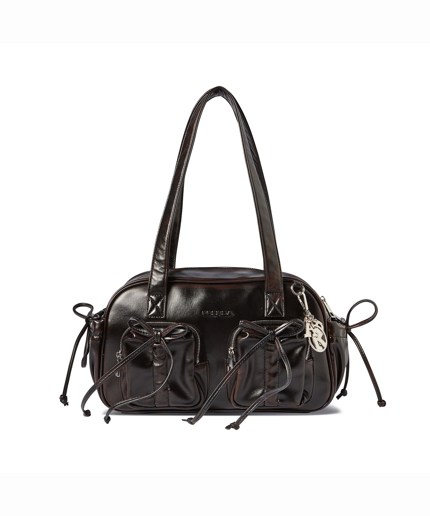 LEATHER POCKET SHIRRING RIBBON BAG BLACK