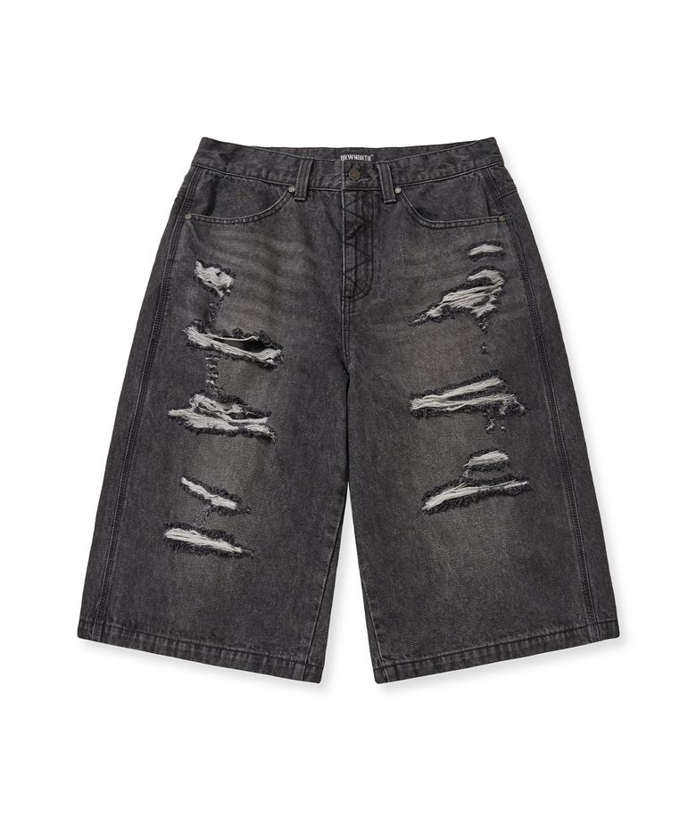 DESTROYED DENIM BERMUDA PANTS - BLACK