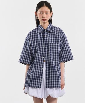너드 체크 오버핏 반팔 셔츠[네이비]