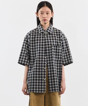 너드 체크 오버핏 반팔 셔츠[그린]