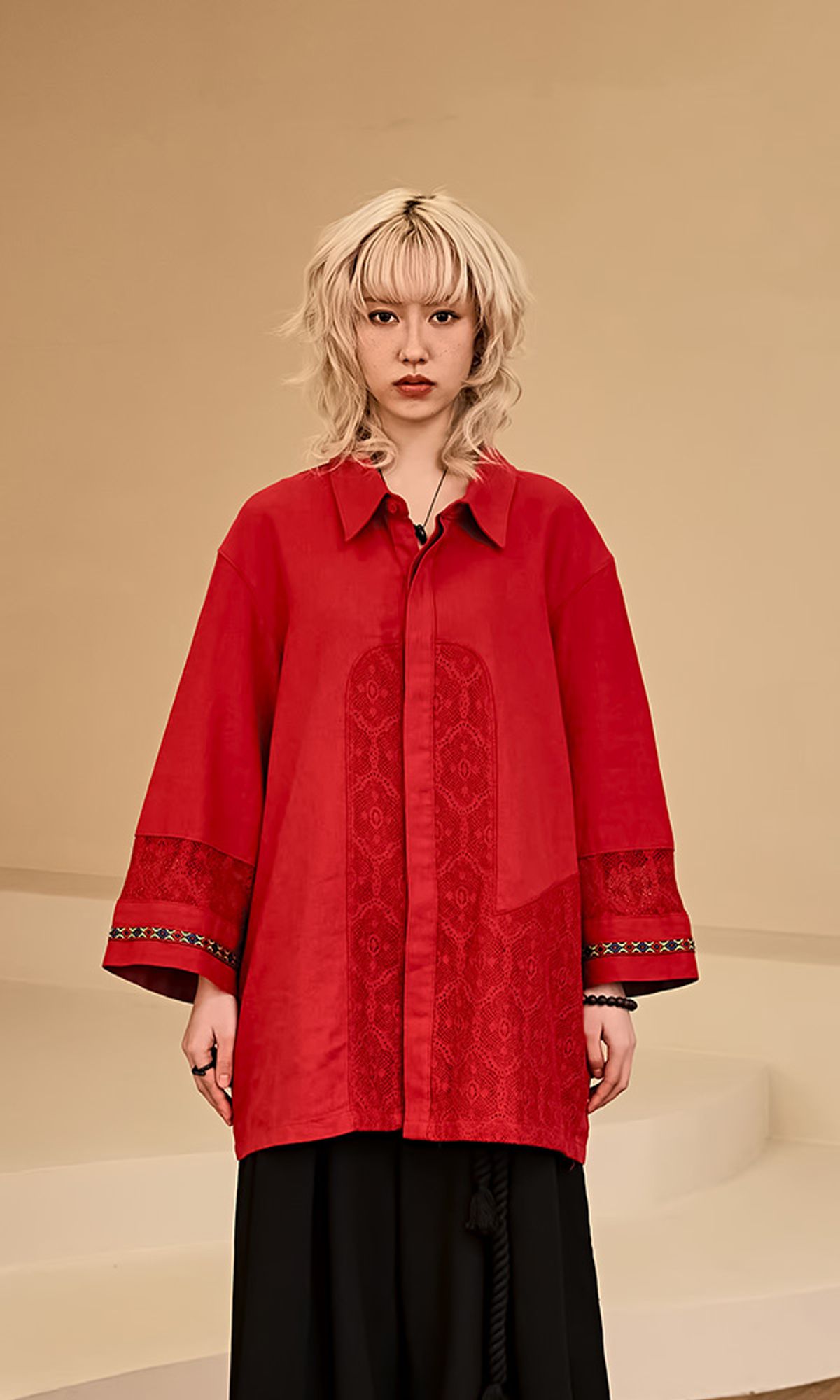 레큘리(RECULER) Lace color combination linen shirts Red