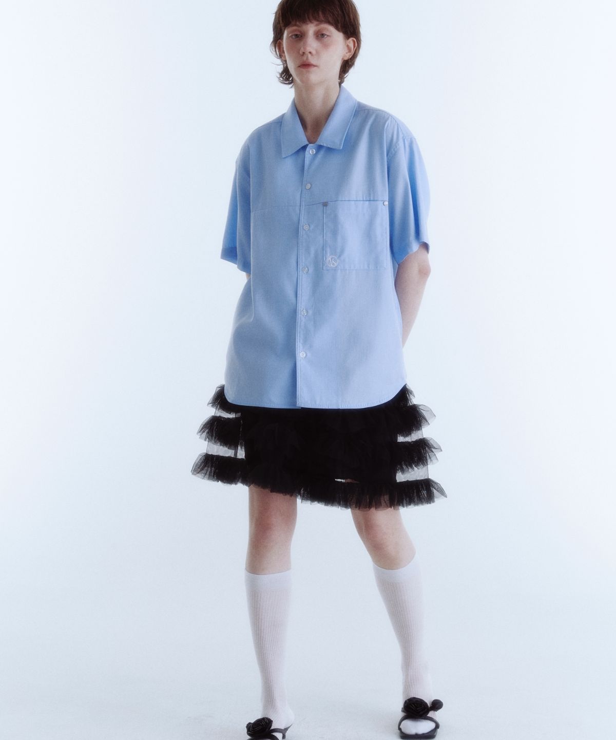 키네토(KINETO) 우먼_컨버터블 카라 스트라이프 셔츠_스카이 블루