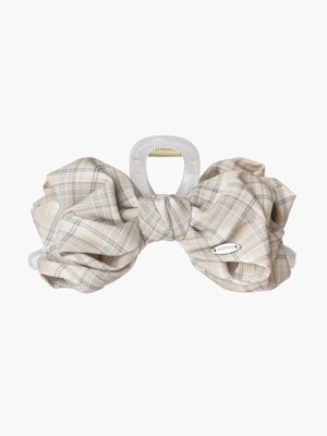 체크 시폰 리본 집게핀 (라이트베이지)