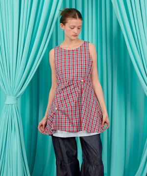 BUTTON FLARED MINI DRESS / check-red