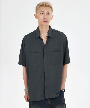 오버핏 드로스트링 반팔 셔츠_다크 그레이