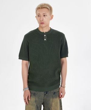 헨리넥 와플 반팔 티셔츠_다크 그린