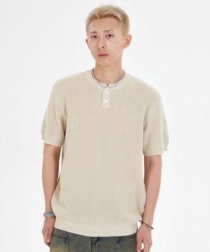 헨리넥 와플 반팔 티셔츠_베이지