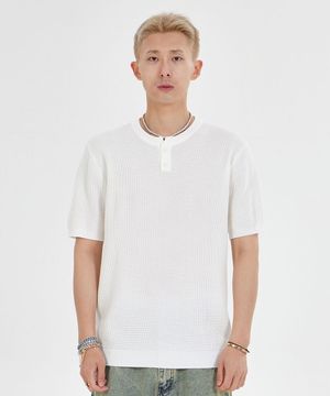 헨리넥 와플 반팔 티셔츠_화이트
