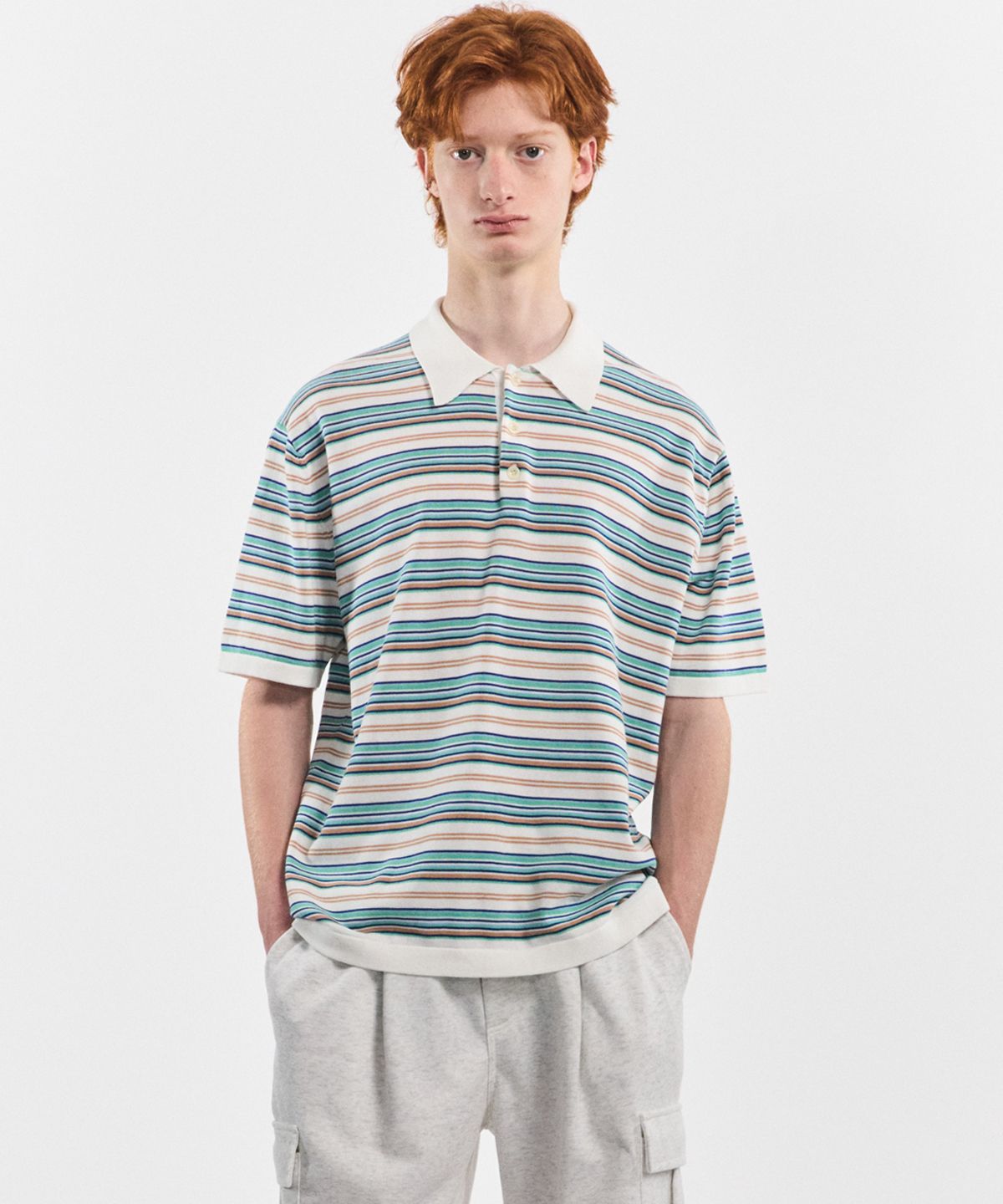 【MODERNIF】Viscose Stripe Open Collar Knit NAVY/ARCTIC OPEN COLLAR TEXTURED STRIPE SILK TENCEL KNIT