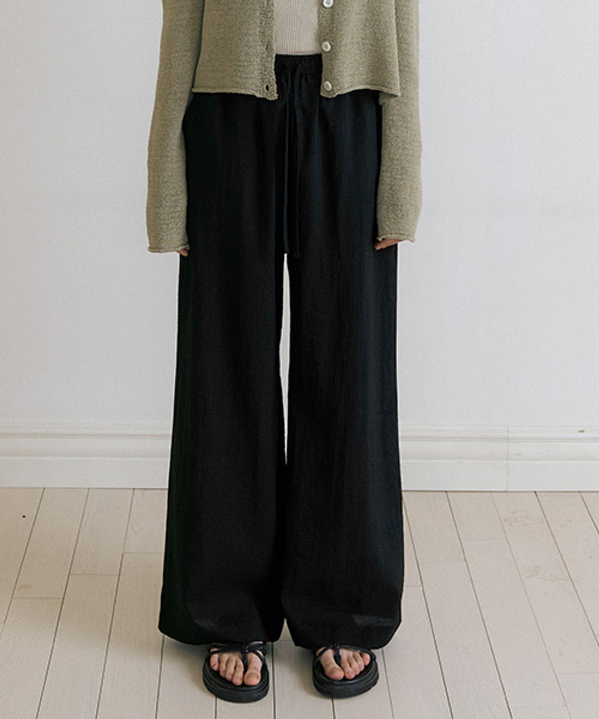 링서울(LINGSEOUL) summer crease banding pants-black