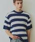스트라이프 부클 배색 케이블 반팔 니트 [블루]