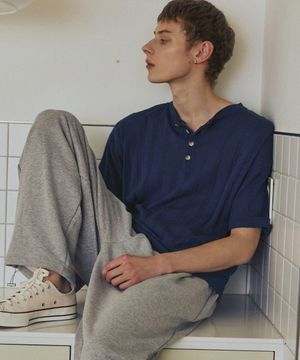 쿨 헨리넥 케이블 반팔 니트 [블루]