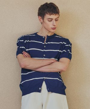 썸머 스트라이프 라운드 반팔 가디건 [블루]