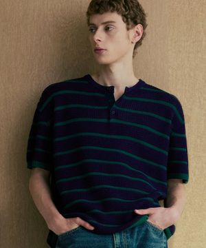 헨리넥 스트라이프 반팔 니트 [네이비]